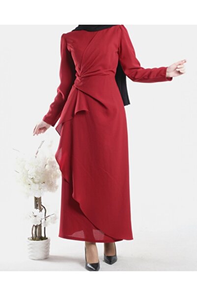 Modamorfo Asymmetrical Crepe Dress with Allerli Skirt on the Front - Red
