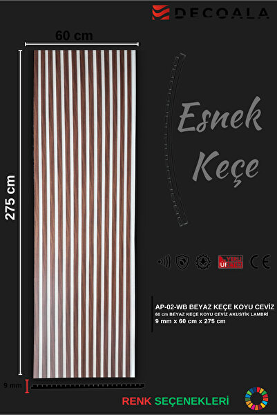 DECOALA Mdf Ahşap Akustik Duvar Paneli Beyaz Keçe 60x275 Cm - Koyu Ceviz