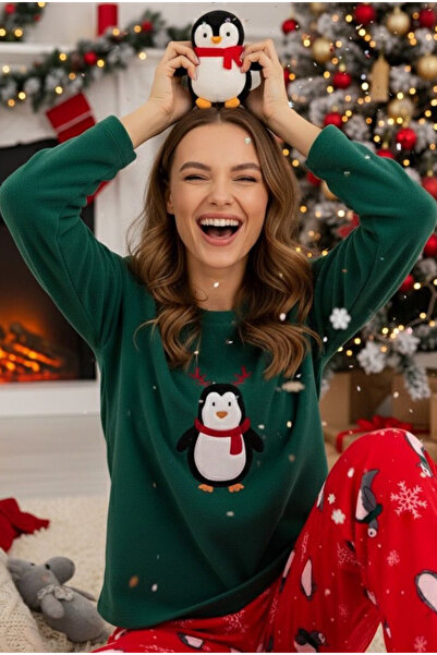 Siyah İnci Green Penguin Embroidered Patterned Fleece Winter Knitted Pajama Set