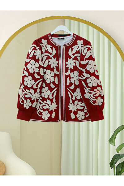 Modamorfo Lined Jacket with Embroidered Sleeves and Front - Burgundy