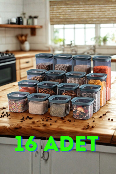 SUPERPUP 16-Piece Storage Container Set with Gasket Lid Square Anthracite Set with Spoon Gift (570ml + 870ml + 1170ml + 1770ml)X4