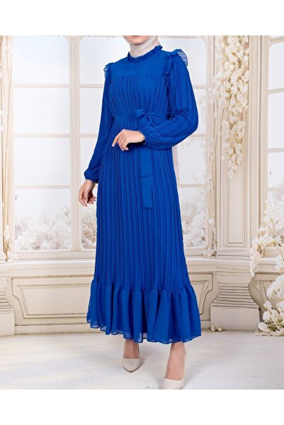 Modamorfo Šaty s rukávy a plisovanou přední částí - modré