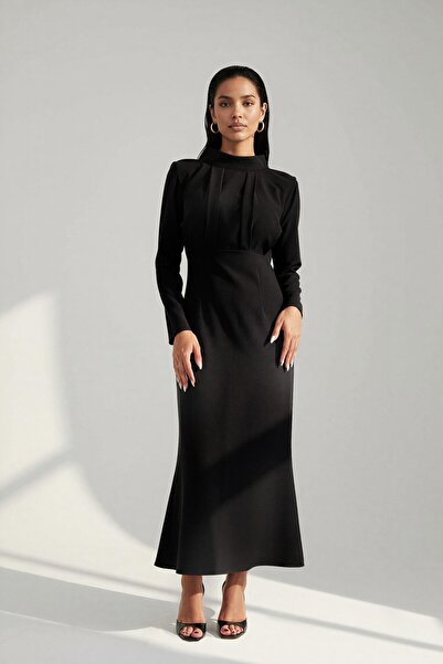 Setre Black Yakada Drape Detailed Waist-Sitting Full-Fit Long Sleeve Dress