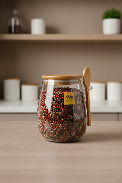 Kitchen Way جرة زجاجية سعة 1000 مل مع غطاء ملعقة من الخيزران وحاوية تخزين البهارات KW-389C