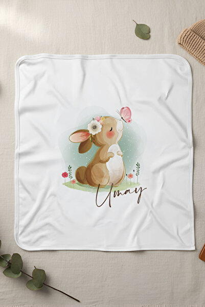 Homamia İsme Özel Penye Bebek Battaniyesi Kelebekli Tavşan