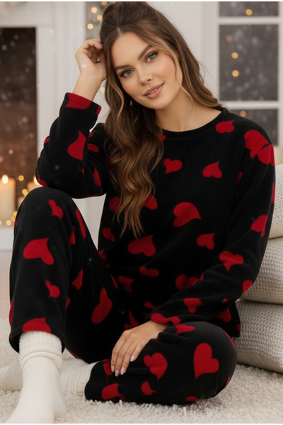 Siyah İnci Black Red Heart Patterned Fleece Winter Knitted Pajama Set