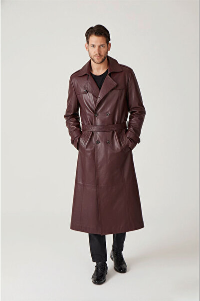 Deriderim Bordo Matrix Genuine Leather Double-Breasted Button Closure Slit Lined Belted Trench Coat Men's Coat