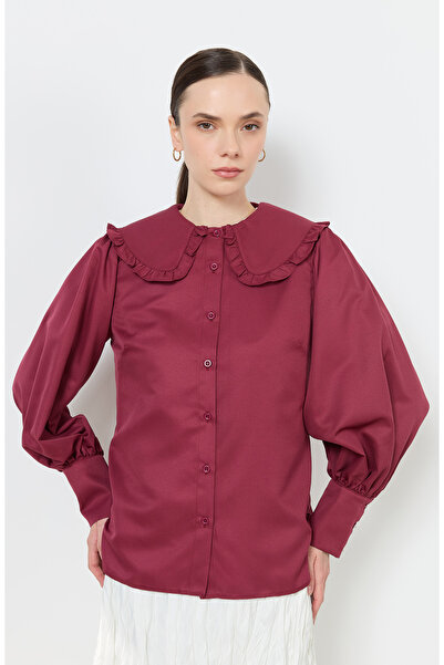 Fatma Atasoy Fırfır Yaka Bordo Basic Gömlek