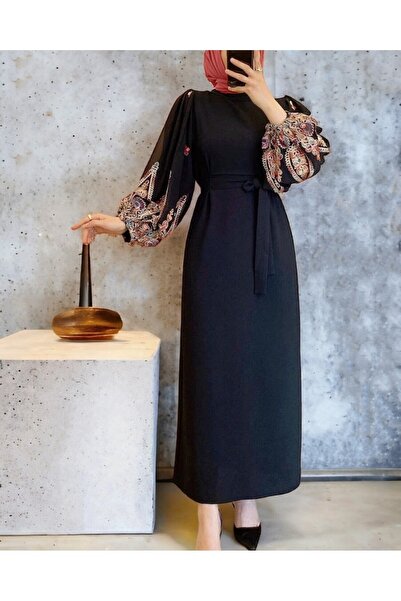 Modamorfo Φόρεμα μολύβι με κεντητό τούλι με κορδόνια - μαύρο