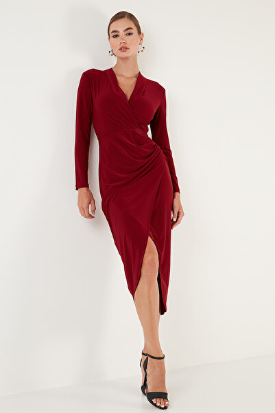 Lela Double-Breasted Collar Slit Drape Detailed Midi Evening Dress Dress 611El1769