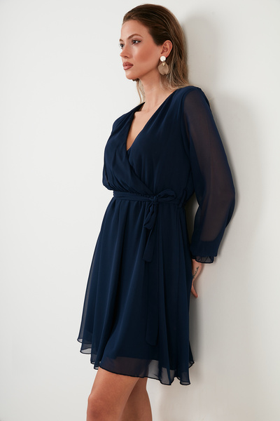 Lela Double-Breasted Chiffon Mini Evening Dress with Neck Tie Detail Dress 6051467