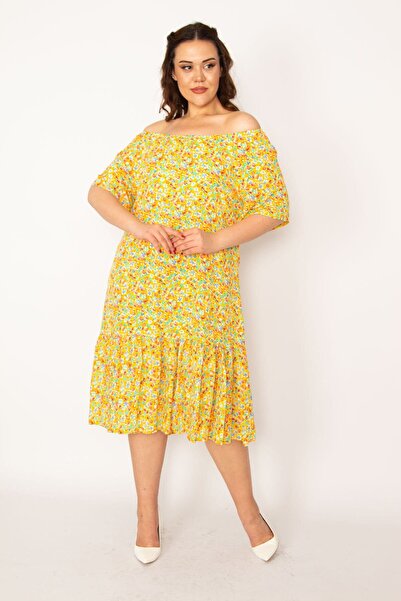 Şans Women's Large Size Yellow Collar Elasticated Hem Gathered Woven Viscose Fabric Dress 65n33250