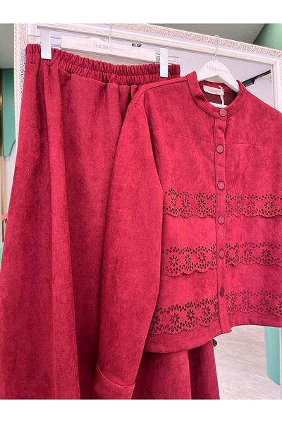 MRM MERAM BUTİK Shoulder Pad Tex Suede Skirt Suit Laser Cut - Bordo - 40