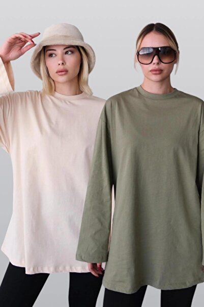 C&City Wide Sleeve Oversize T-Shirt 2 Pieces 964 Khaki/Beige