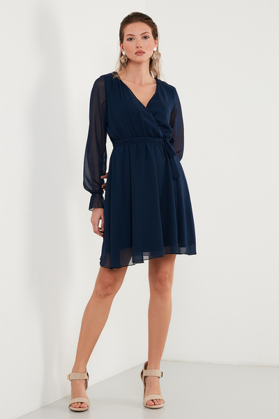 Lela Double-Breasted Chiffon Mini Evening Dress with Neck Tie Detail Dress 6051467