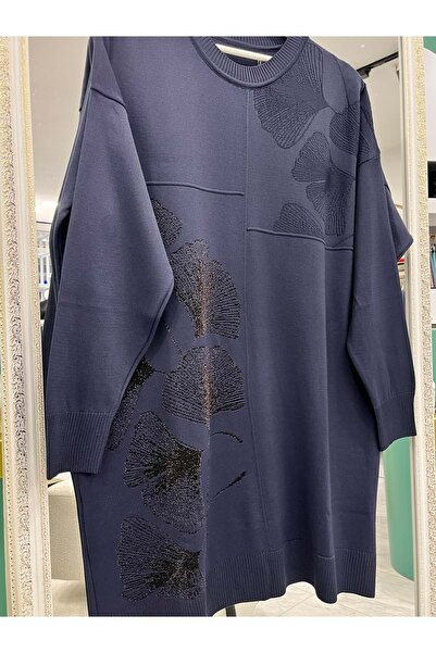 MRM MERAM BUTİK Dna Mercerized Tunic with Floral Pattern and Silvery Lining - Navy Blue - 1