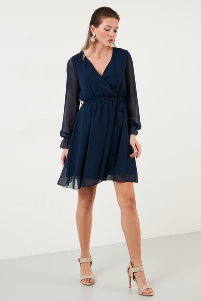 Lela Double-Breasted Chiffon Mini Evening Dress with Neck Tie Detail Dress 6051467