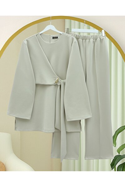 Modamorfo Slit Scuba Suit with Cross-Tied Front - Beige