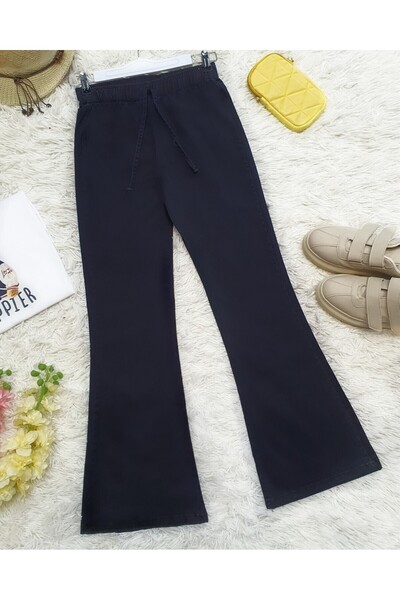 Modamorfo Flared Denim Trousers with Lace Detail - Navy