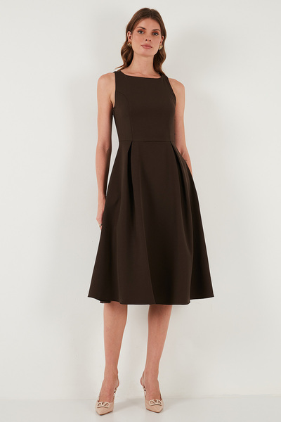 Lela Regular Fit Crew Neck Pleated Midi Length Evening Dress with Pockets Dress 6111963