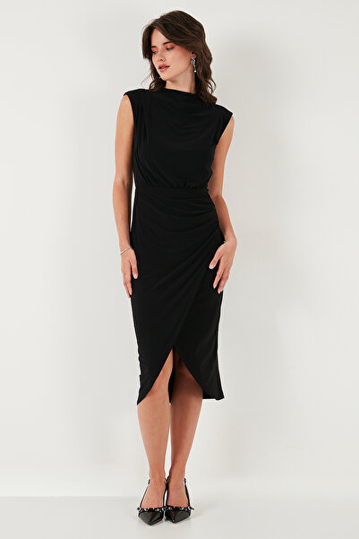 Lela Drape and Slit Detailed Crew Neck Sleeveless Midi Length Evening Dress Dress 611El694
