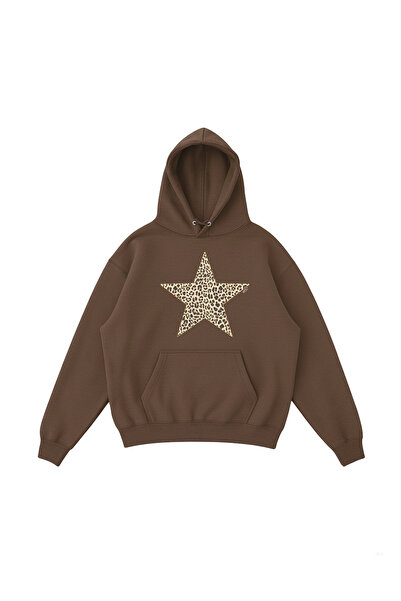 WHITE OF CREATIVE Kadın Leopar Desenli Yıldız Baskılı Hoodie