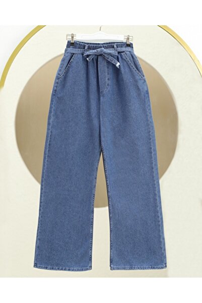 Modamorfo Wide leg elastic waist belted jeans - dark blue