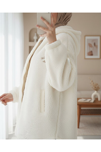 Modamorfo Kapşonlu Fermuarlı Kanguru Cepli Astarlı Peluş Mont -Ekru