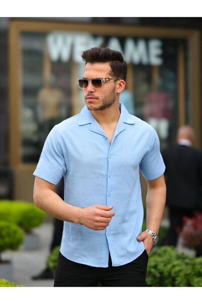 comstar Cămașă cu mânecă scurtă și guler șal pentru bărbați din material de in