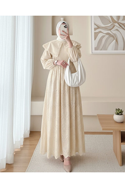 Modamorfo Φόρεμα με γιακά και δαντέλα σε μπεζ χρώμα