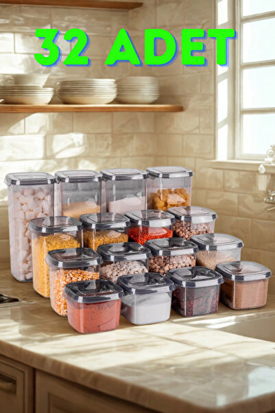SUPERPUP 32-Piece Storage Container Square Anthracite Set with Spoon Gift (570ml + 870ml + 1170ml + 1770ml) X 8 Pieces