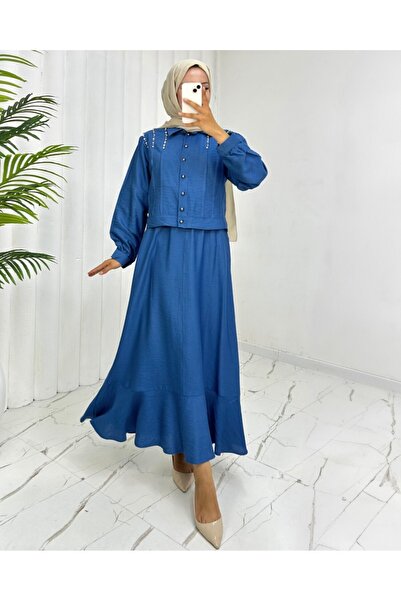 Modamorfo Jacket Skirt Linen Suit with Stones on the Shoulder and Buttons - Blue
