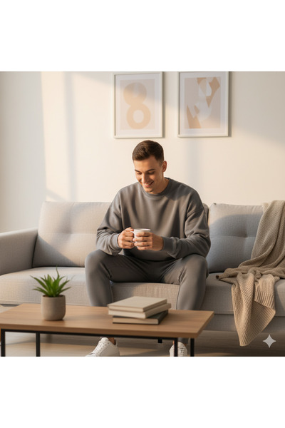 dwnwear Smoke Gray Three Thread Compact Crew Neck Cotton Premium O Oversized Tracksuit Set