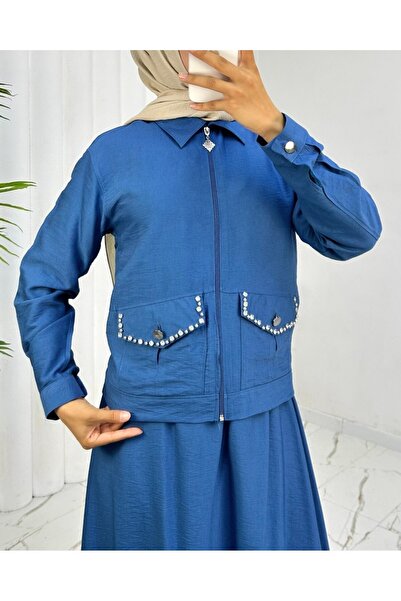 Modamorfo Jacket Skirt Linen Suit with Stones on the Shoulder and Buttons - Blue