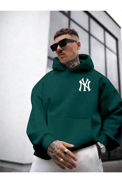 NİCE Чоловічий зелений на спині світшот з принтом NY з капюшоном