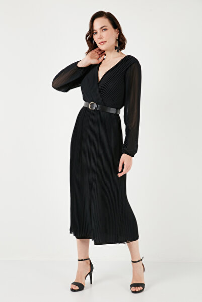Lela Double-Breasted Neckline Long Sleeve Chiffon Evening Dress with Pleated Belt Dress 611El00471
