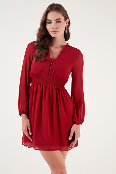 Lela V-Neck Regular Fit Gipeli Button Detailed Chiffon Mini Evening Dress Dress 611El01433