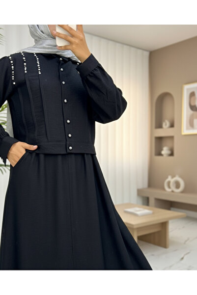 Modamorfo Shoulder Stoned Buttoned Jacket Skirt Linen Suit - Black