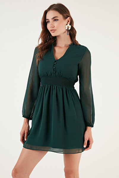 Lela V-Neck Regular Fit Gipeli Button Detailed Chiffon Mini Evening Dress Dress 611El01433