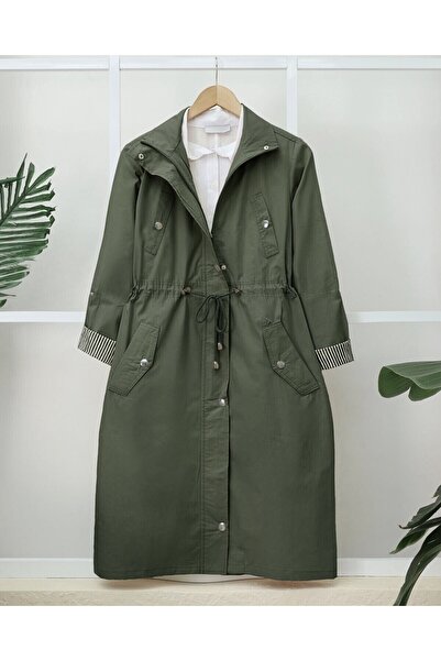 Modamorfo Tunnel Lace-Up Top Pocket Detailed Unlined Washable Organic Cotton Trench Coat - Khaki