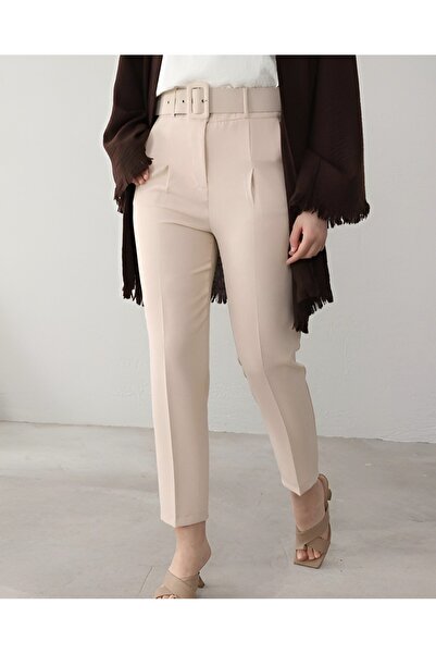 Modamorfo Thick Belted Fabric Trousers - Beige