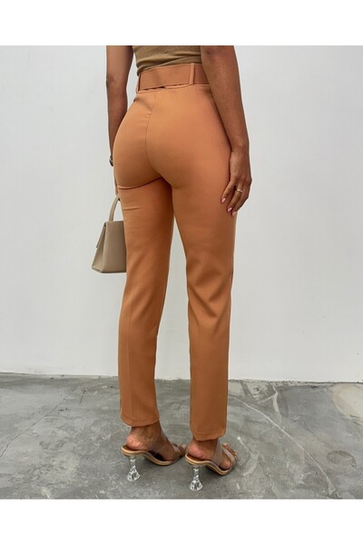 Modamorfo Thick Belted Fabric Trousers -Cinnamon