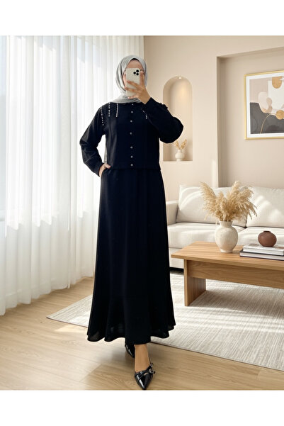 Modamorfo Shoulder Stoned Buttoned Jacket Skirt Linen Suit - Black