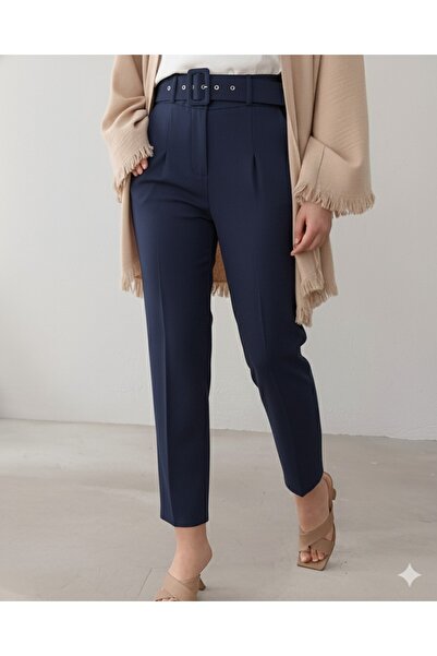 Modamorfo Thick Belted Fabric Trousers - Navy