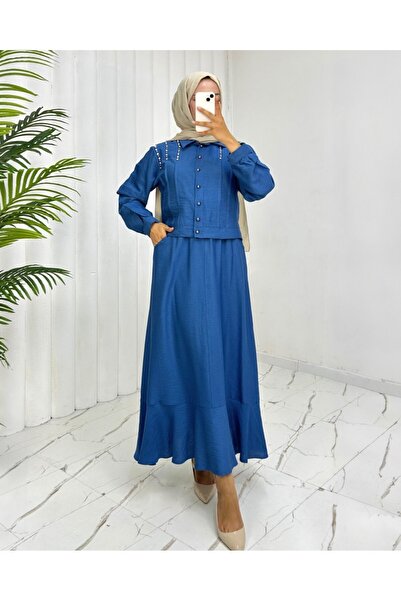 Modamorfo Jacket Skirt Linen Suit with Stones on the Shoulder and Buttons - Blue