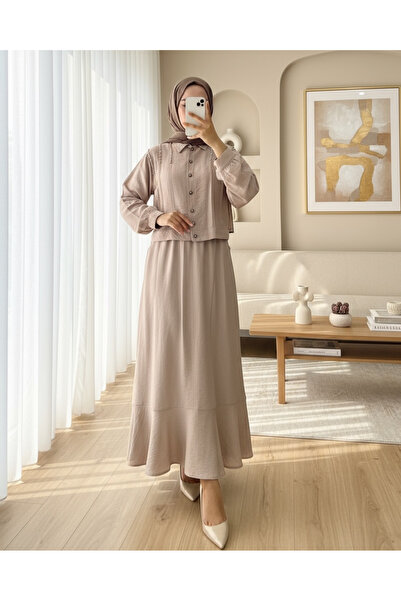 Modamorfo Jacket Skirt Linen Suit with Stones on the Shoulder Buttons -Mink