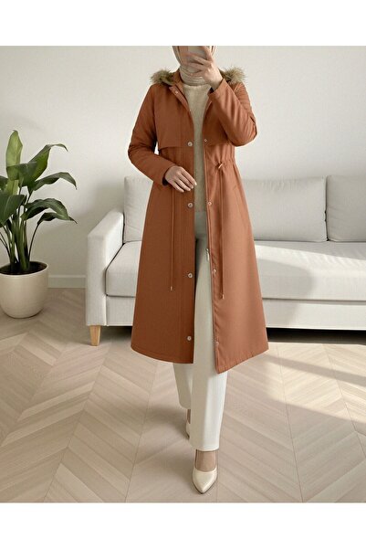 Modamorfo Plush Inside Fixed Hooded Tunnel Lace up Long Coat -Mustard