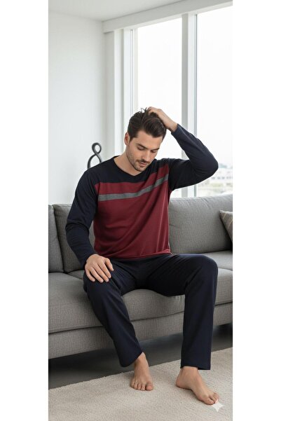 Sude HOMEWEAR Men's Piece Claret Red Long Sleeve Pajama Set
