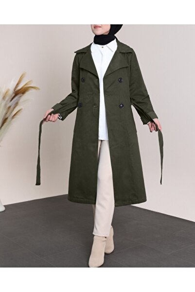 Modamorfo Buttoned Belted Trench Coat with Folded Sleeves -Khaki
