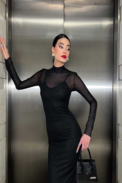 LEYLA SAĞLAM Kadın Siyah Astarlı Yarım Balıkçı Yaka Uzun Kol Tüllü Abiye Elbise